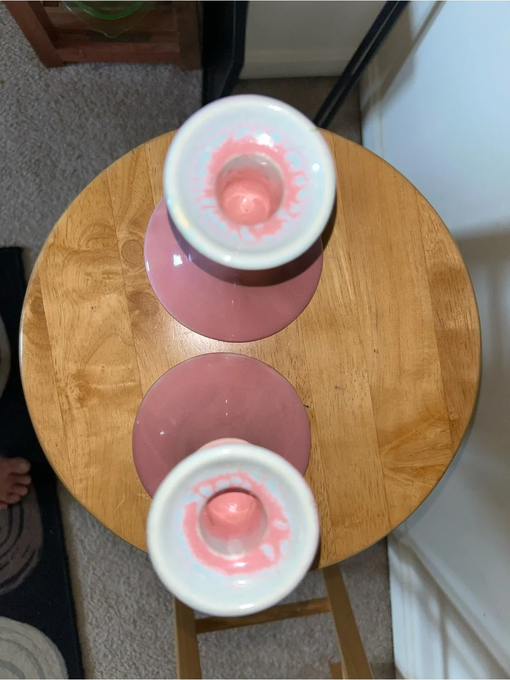 Vintage Hull Pottery Pink White Drip Glaze Candlesticks Holders 6.5”